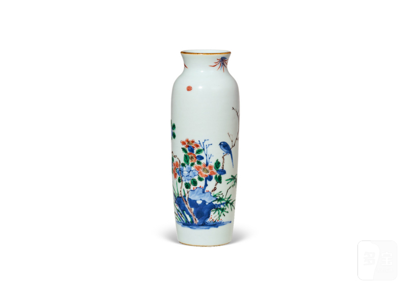 清顺治  青花五彩花鸟纹筒瓶